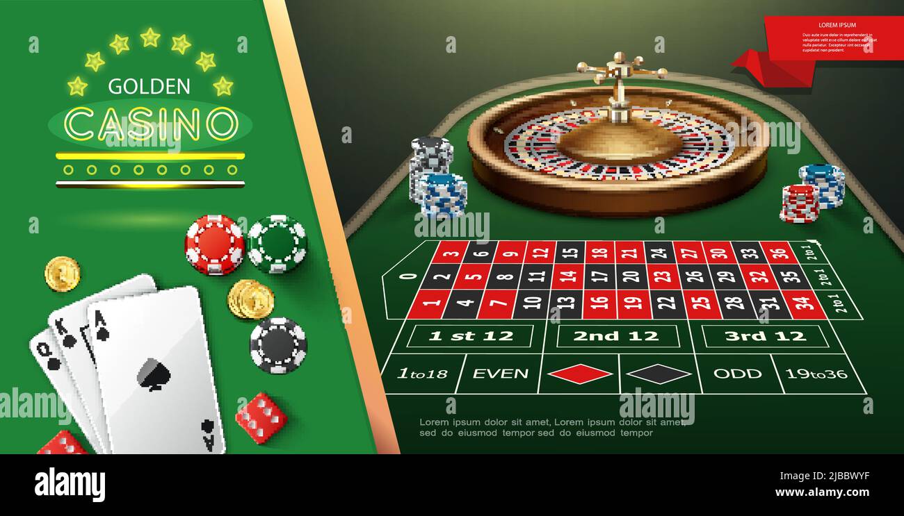 Realistic casino roulette template with wheel and game dices on table playing cards chips vector illustration Stock Vector