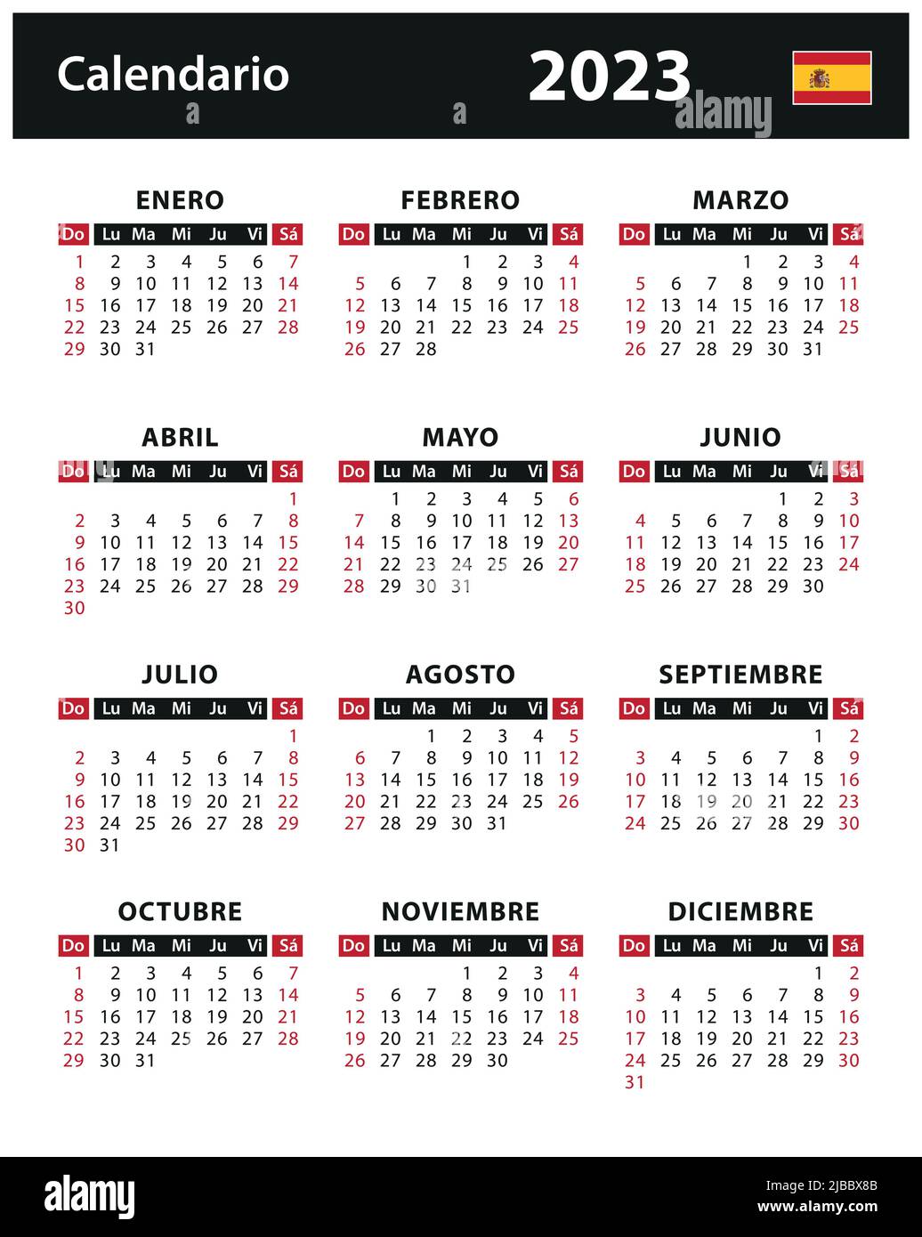 2023 Calendar - vector stock illustration. Spain, Spanish version | Calendario 2023 - ilustración vectorial de stock. España, versión en español Stock Vector
