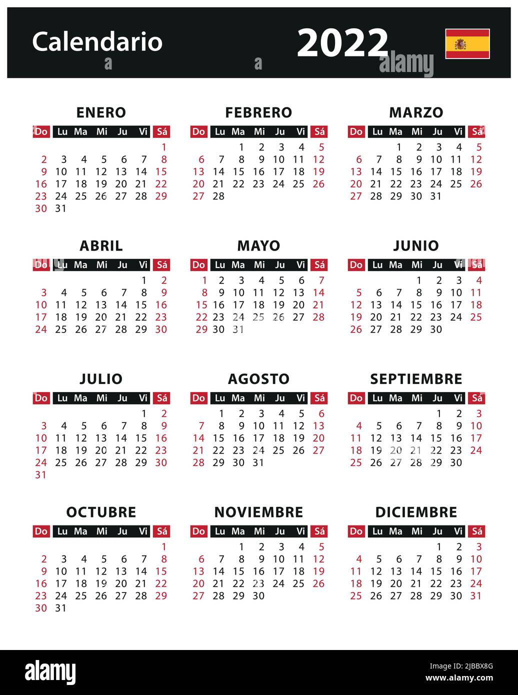 2022 Calendar - vector stock illustration. Spain, Spanish version | Calendario 2022 - ilustración vectorial de stock. España, versión en español Stock Vector