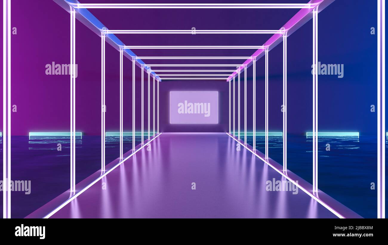 Futuristic architecture sci-fi hallway and corridor tunnel with neon lights background, 3d rendering Stock Photo