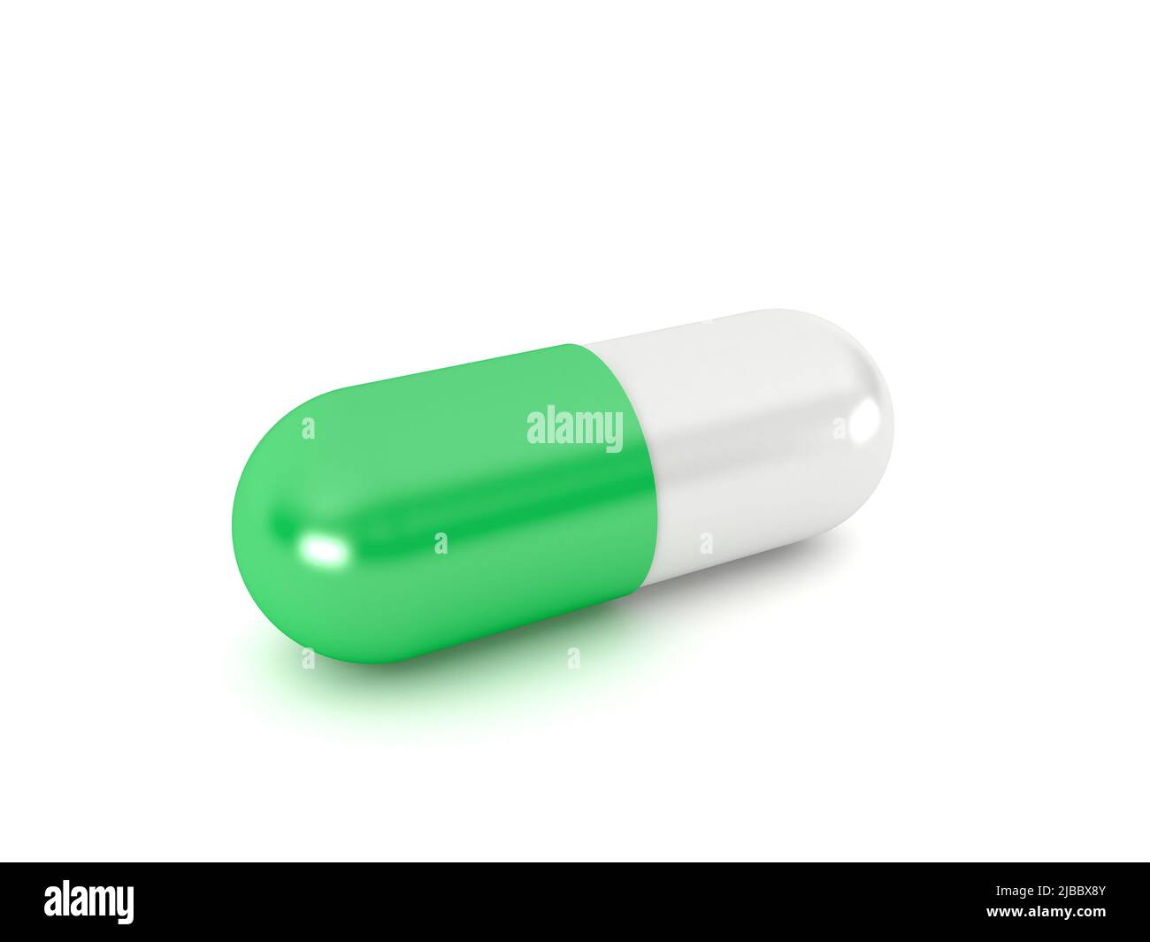 Green pill capsule isolated on white background, 3d rendering Stock Photo
