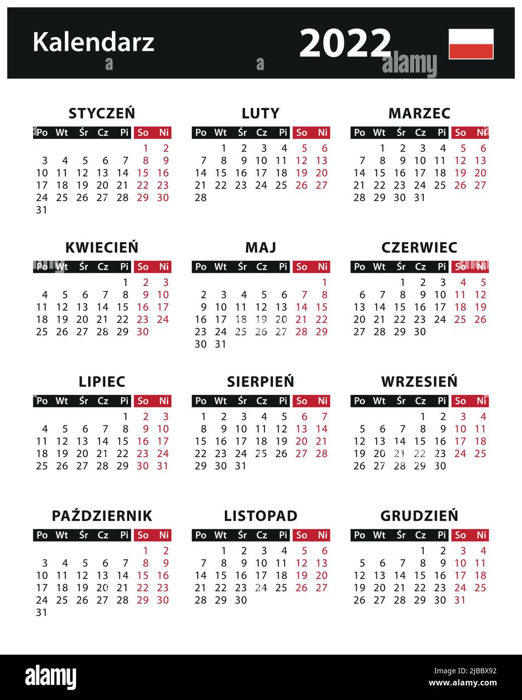 2022 Calendar vector stock illustration. Poland, Polish version