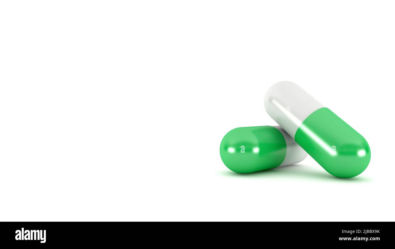 Green pill capsule isolated on white background, 3d rendering Stock Photo