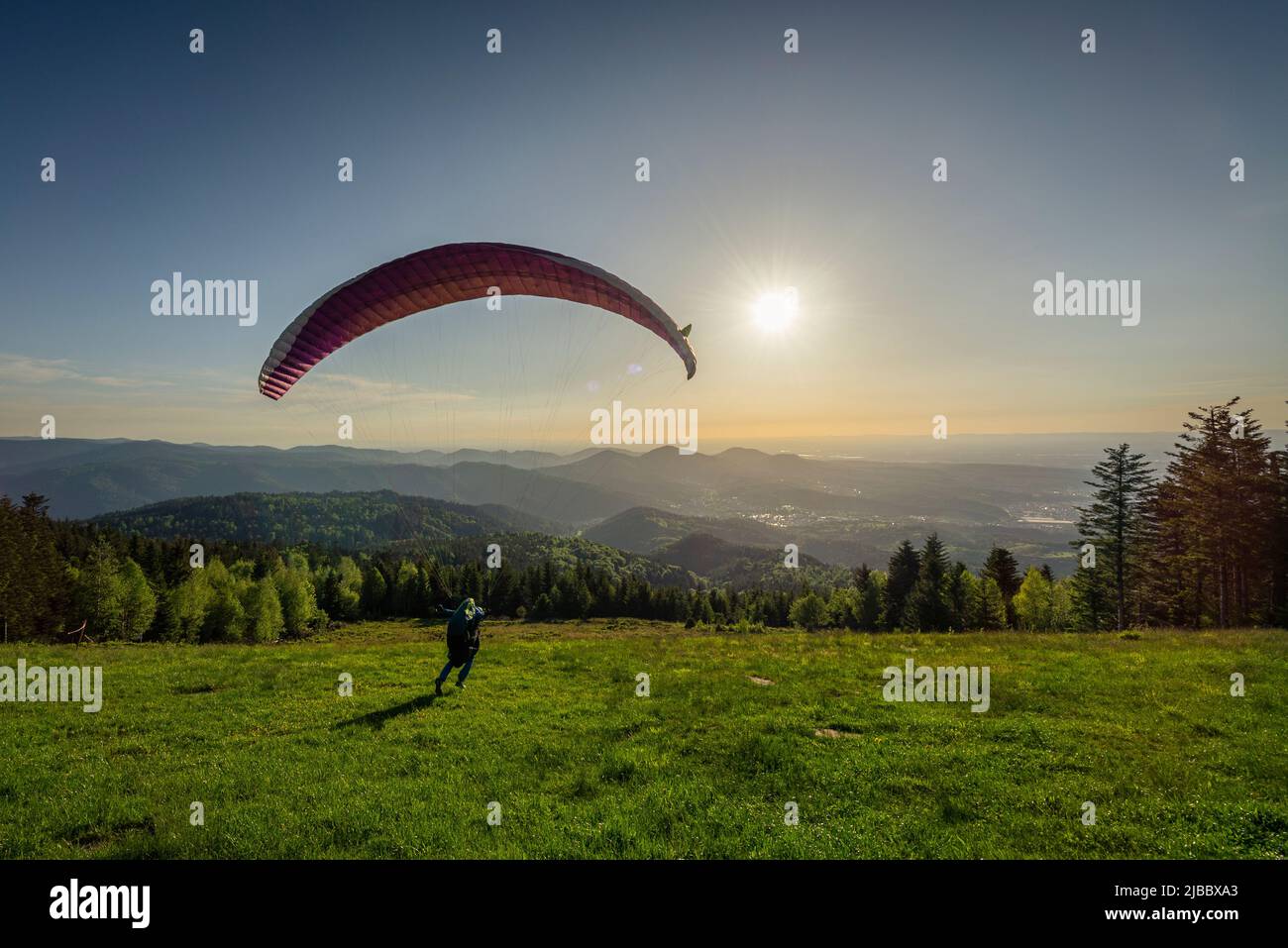 Paraglider at the take-off into the sunset at the Devil's mill launch site in the Murg valley in the Black Forest mountains, Germany Stock Photo
