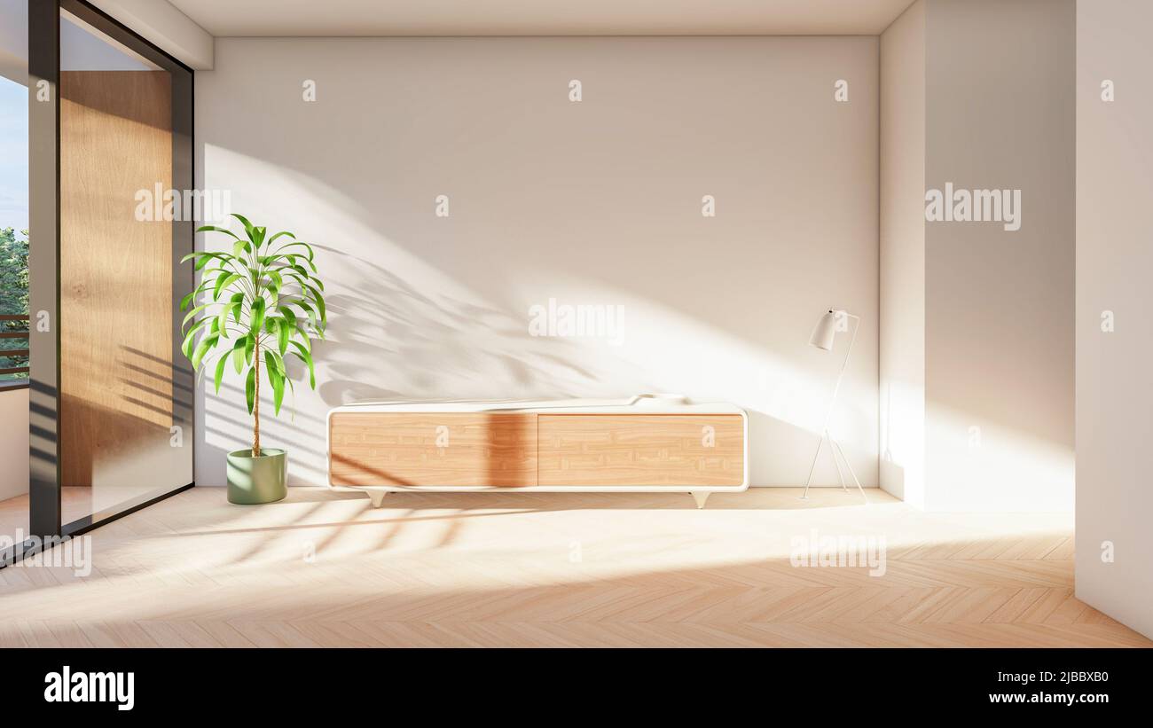 White modern and minimal stylish living room interior with wooden wall and floor, 3d rendering Stock Photo