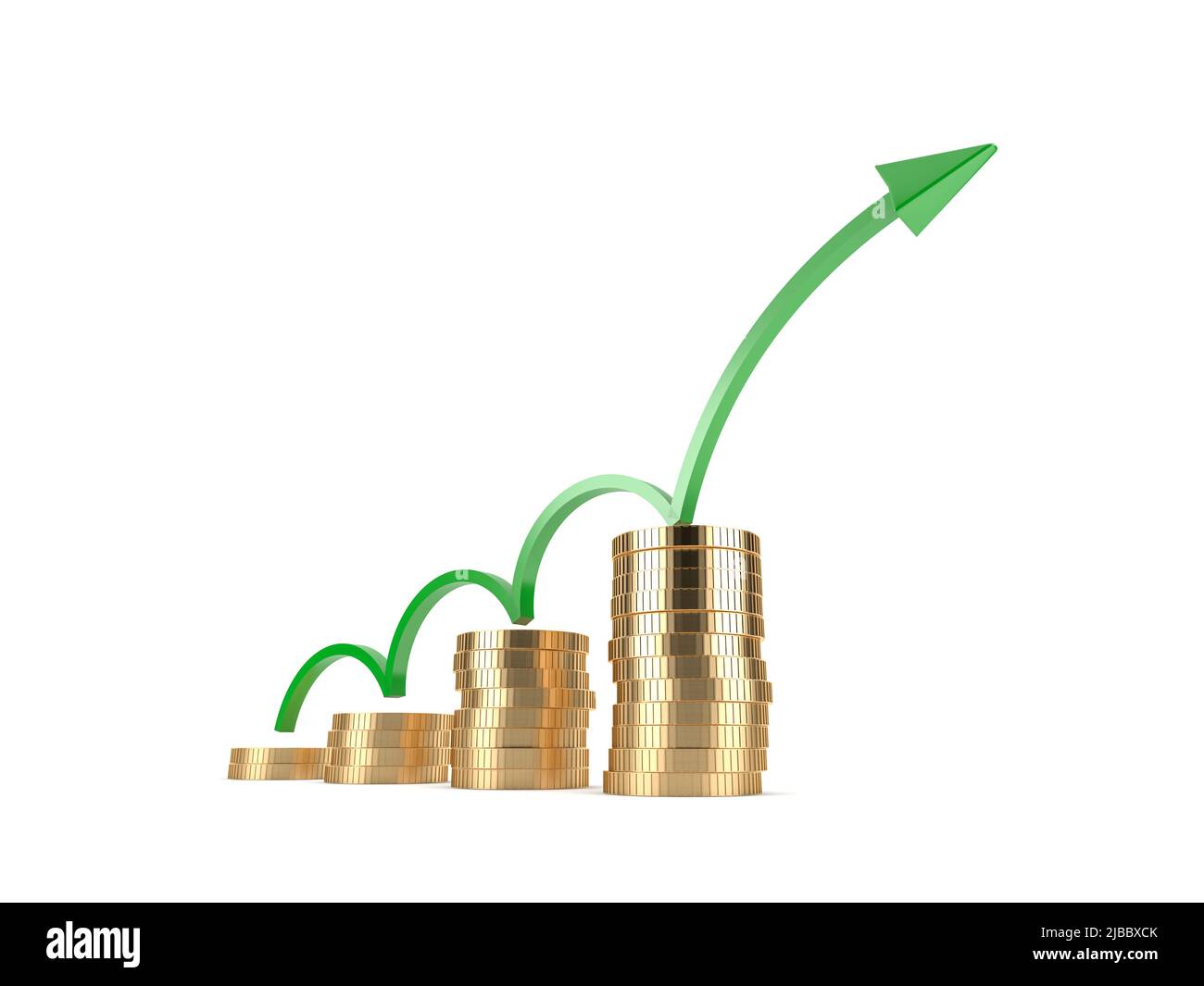 Stack of growth compound golden coins with green arrow. Money increasing value, successful financial business investment concept, 3d rendering Stock Photo