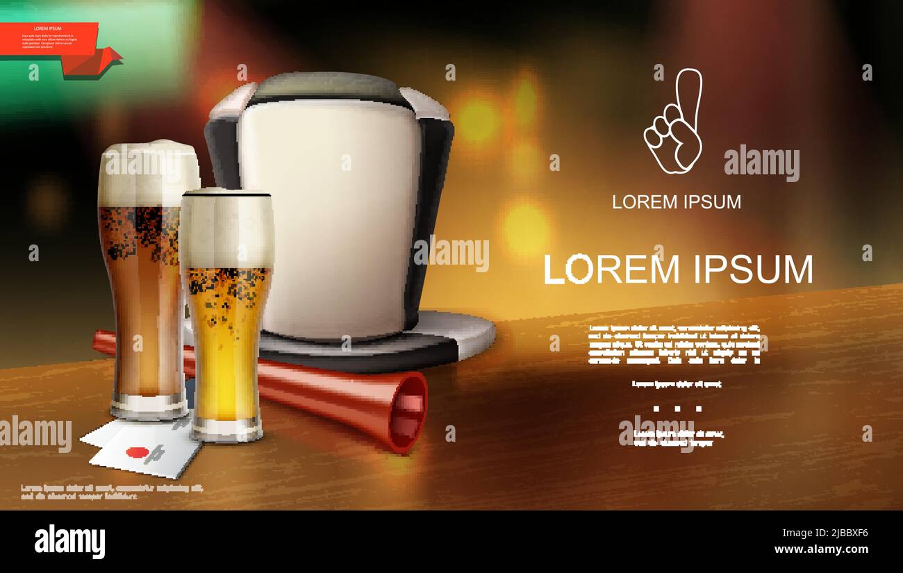 Realistic sport supporter colorful template with beer glasses tickets