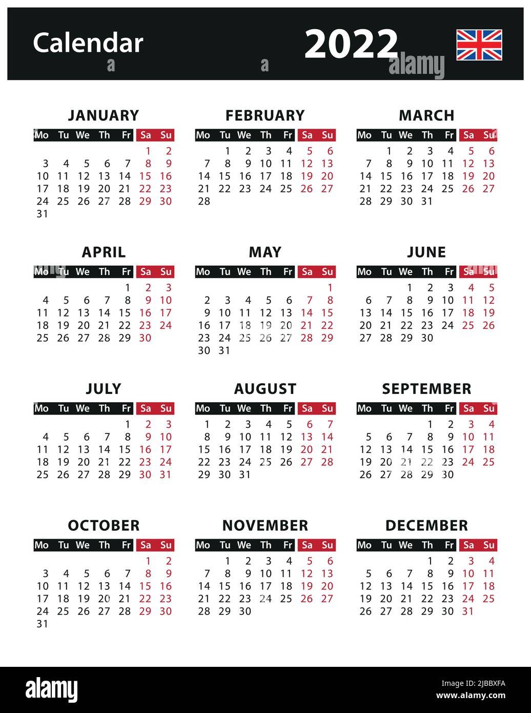 2022 Calendar - vector stock illustration. English version Stock Vector