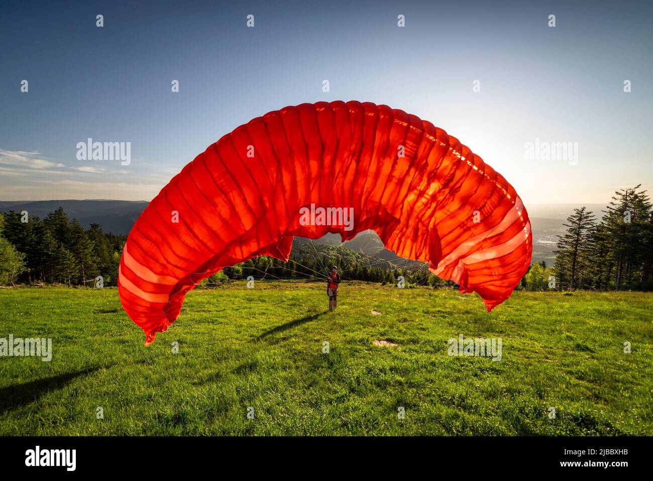 Paraglider at the take-off site at the Devil's mill in the Murg valley in the Black Forest spreads his paraglider against the afternoon sun, Germany Stock Photo