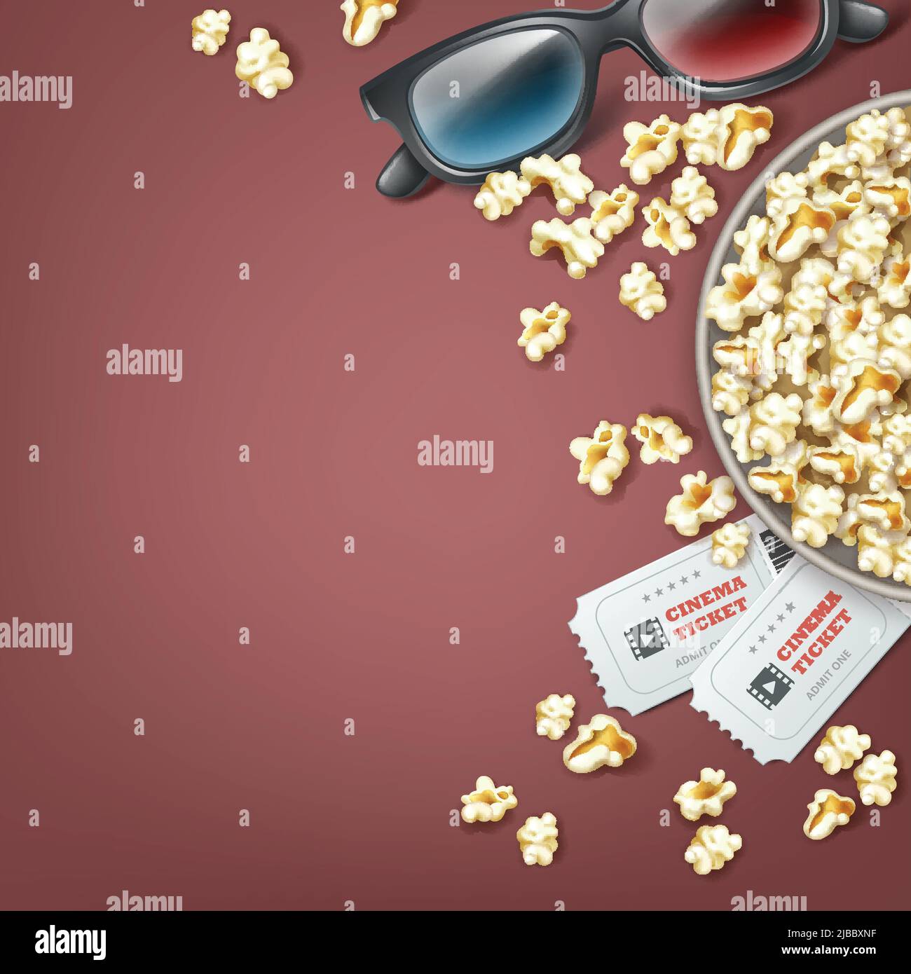 Vector bucket of popcorn with 3d glasses and two cinema tickets close up top view isolated on gray background Stock Vector
