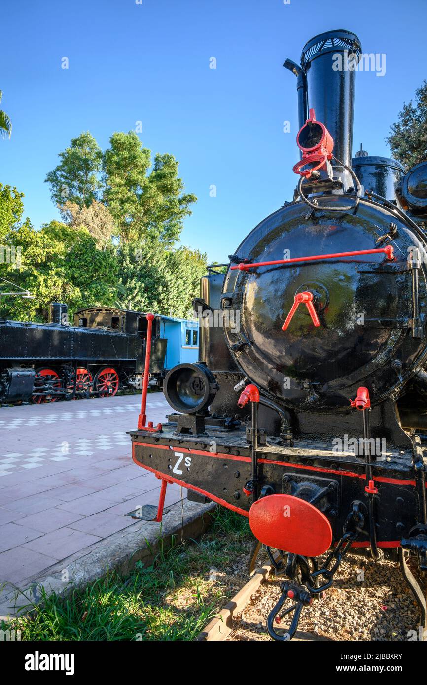 Old steam Trains in Kalamata Municipal Railway Park, The old station is now a cafe, Kalamata, Messinia, Peloponnese, Greece Stock Photo