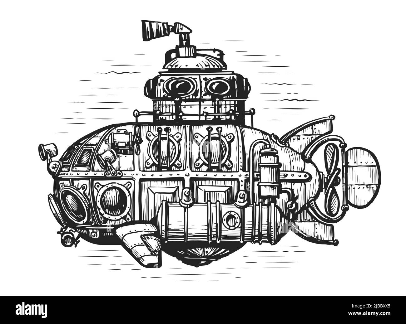Vintage submarine in sea drawn in engraving style. Hand drawn retro deep-sea bathyscaphe sketch. Vector illustration Stock Vector