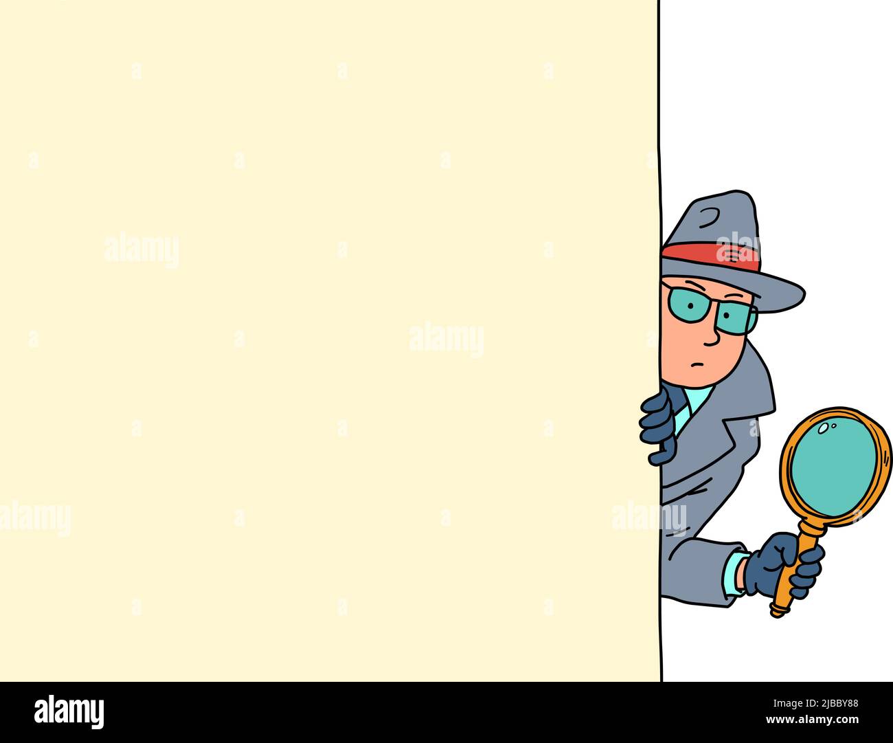 The detective looks out with a magnifying glass from behind the door, a man in a coat, hat and glasses Stock Vector