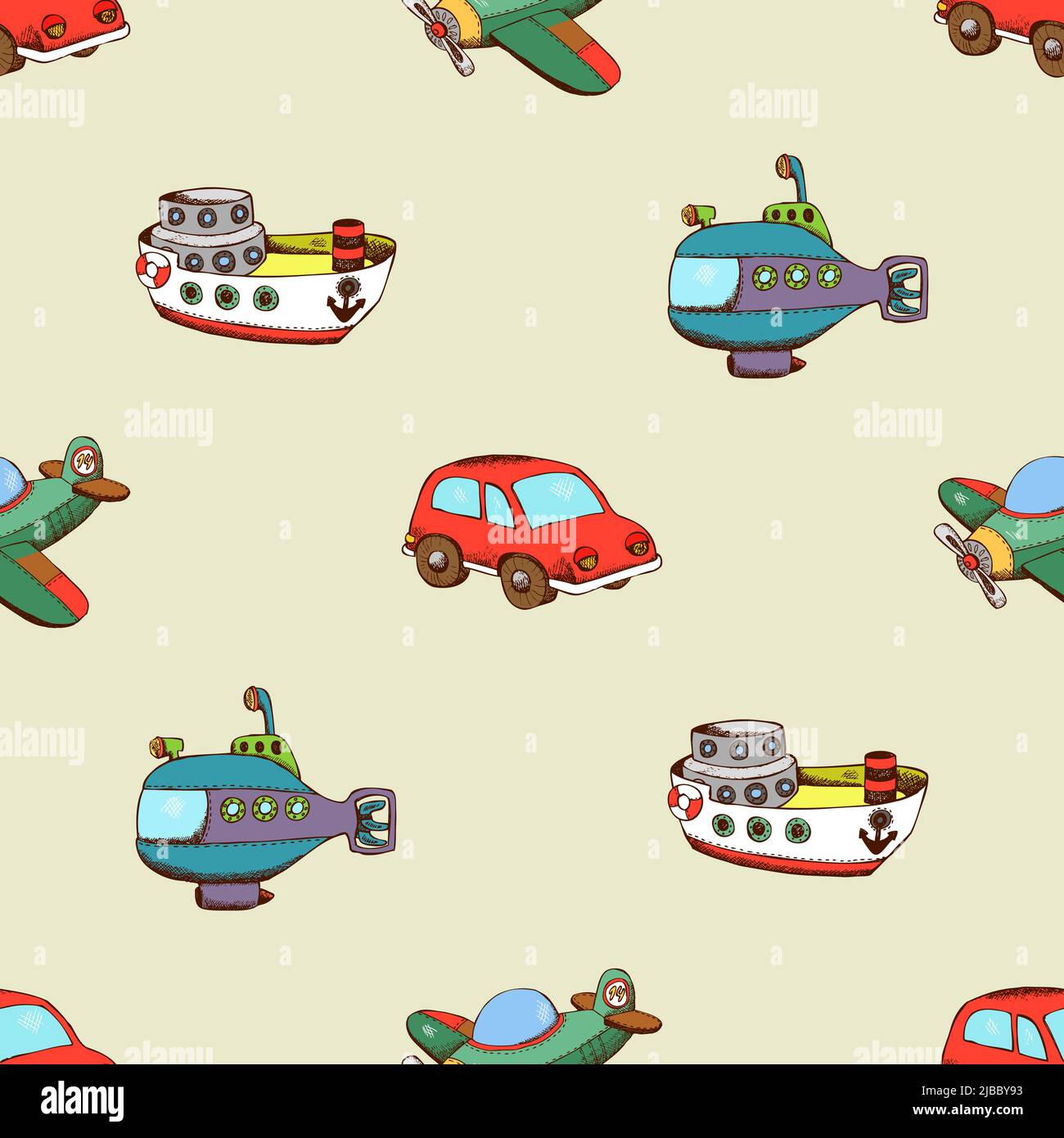 Seamless pattern with ship, car and plane. Transport vector illustration Stock Vector