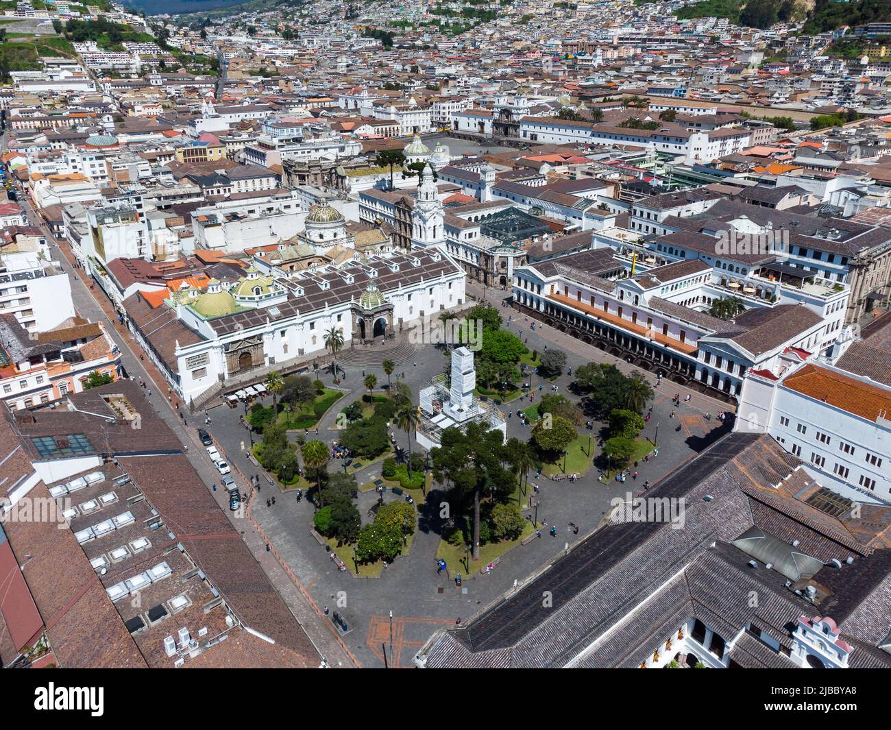 Quito, Ecuador: Aerial view of the Plaza Grande and the carondelet palace in Quito historic city center in Ecuador capital city . Stock Photo