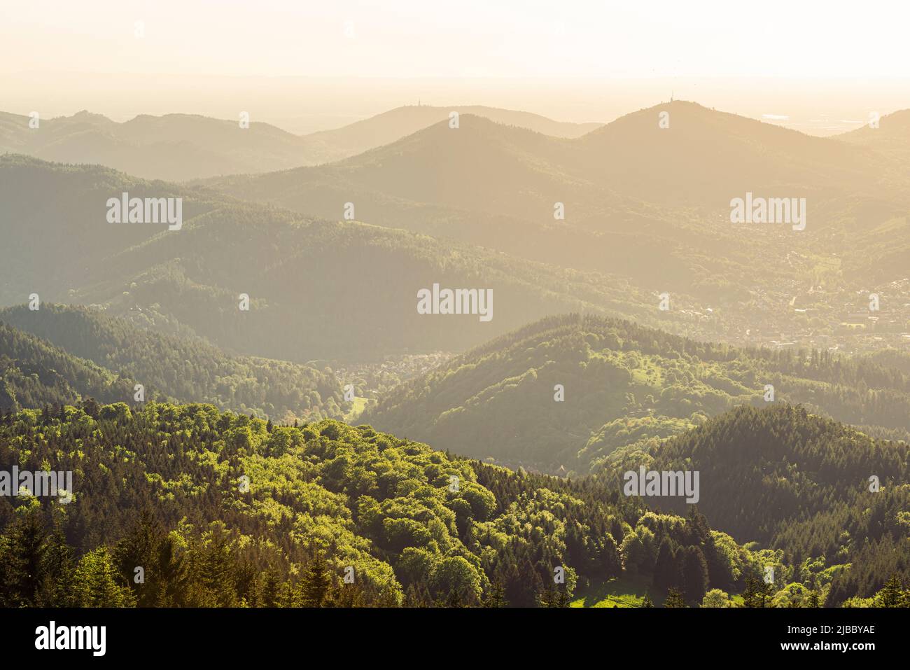 View from Devil's Mill in the Black Forest mountains to the panorama of Murg Valley and Rhine Valley in the evening sun, Baden-Wuerttemberg, Germany Stock Photo