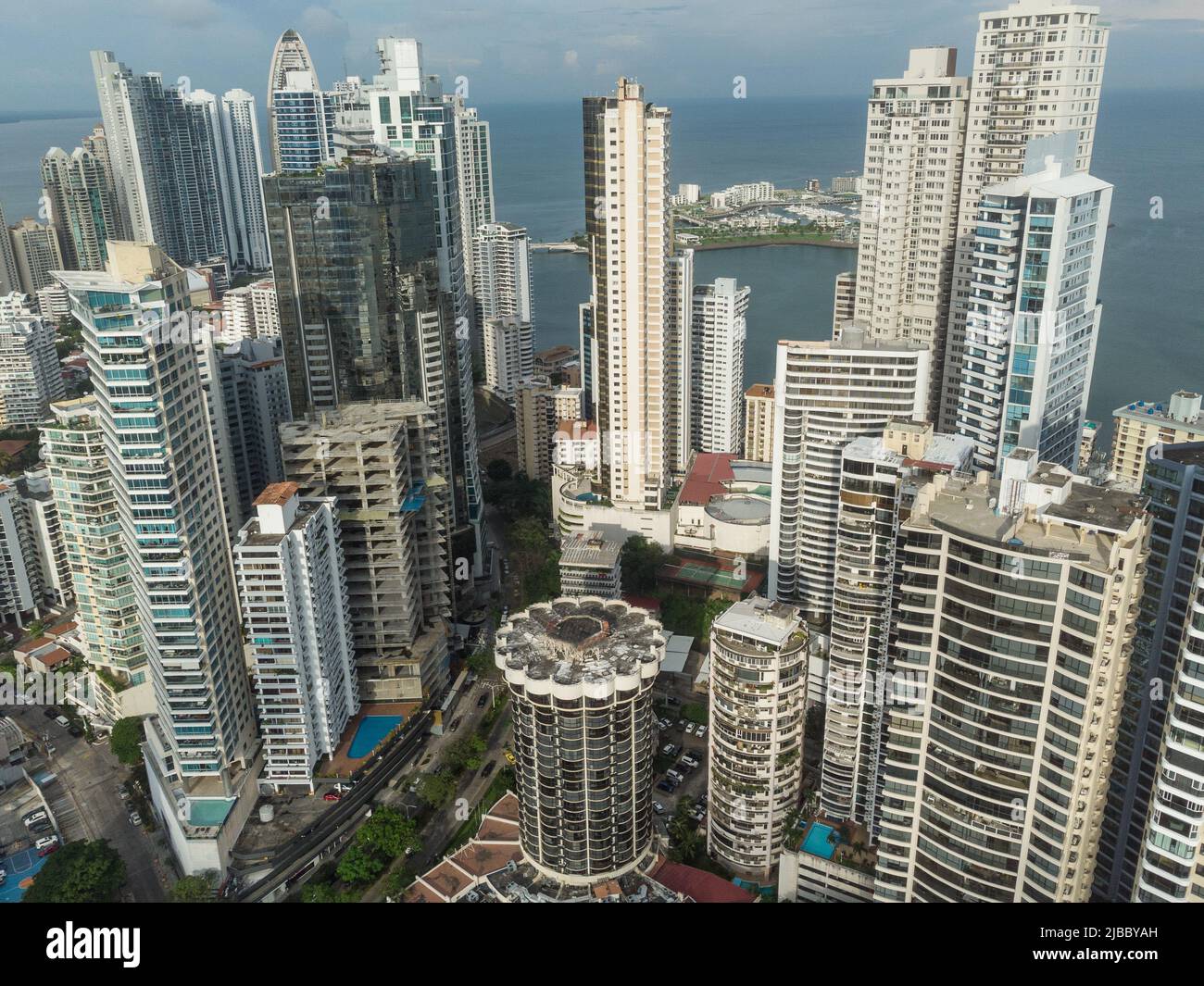 Panama City: Aerial view of hotels and condo towers in the Punta Paitilla luxury residential district in Panama city in Central America. Stock Photo