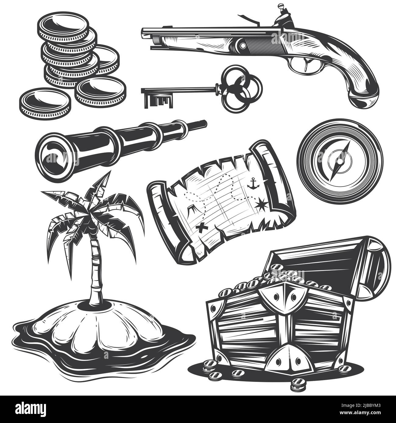 Set of treasure elements for creating your own badges, logos, labels, posters etc. Isolated on white. Stock Vector