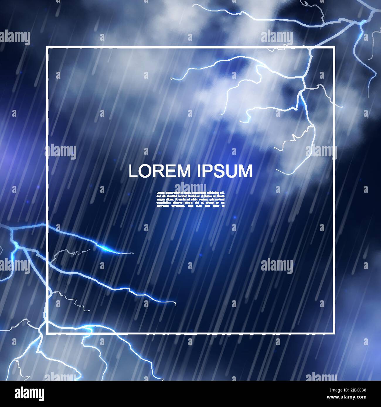 Realistic water storm poster with frame for text heavy rain clouds and thunderbolts on night sky background vector illustration Stock Vector