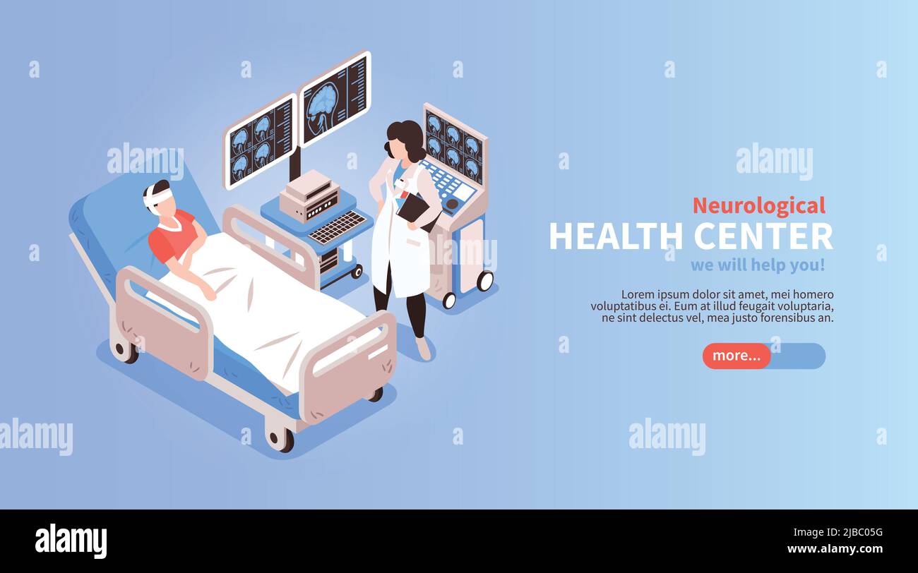 Neurological medial health center home page isometric horizontal web banner with  hospitalized patient doctor equipment vector illustration Stock Vector