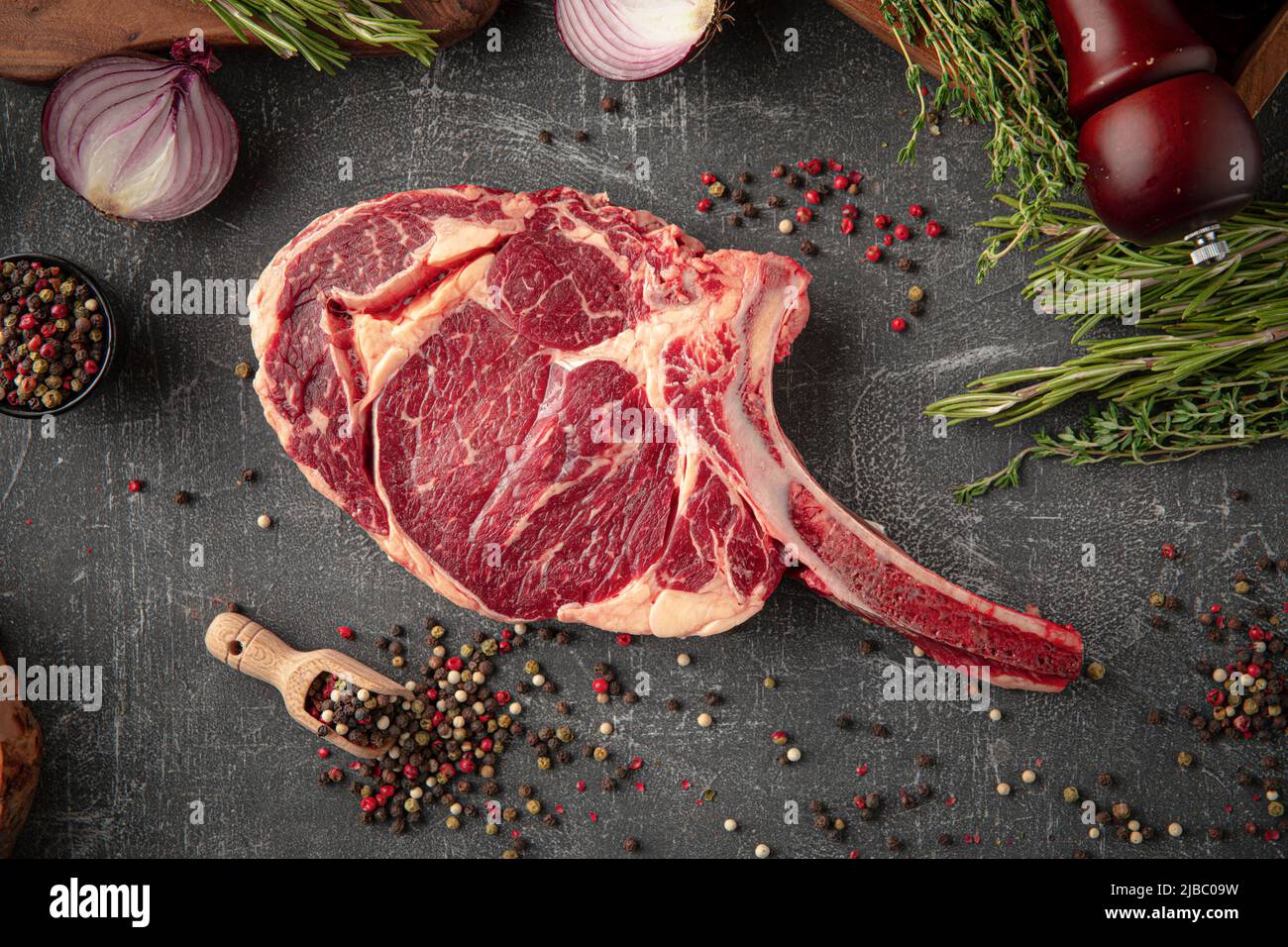 Top view on raw beef american tomahawk steak Stock Photo