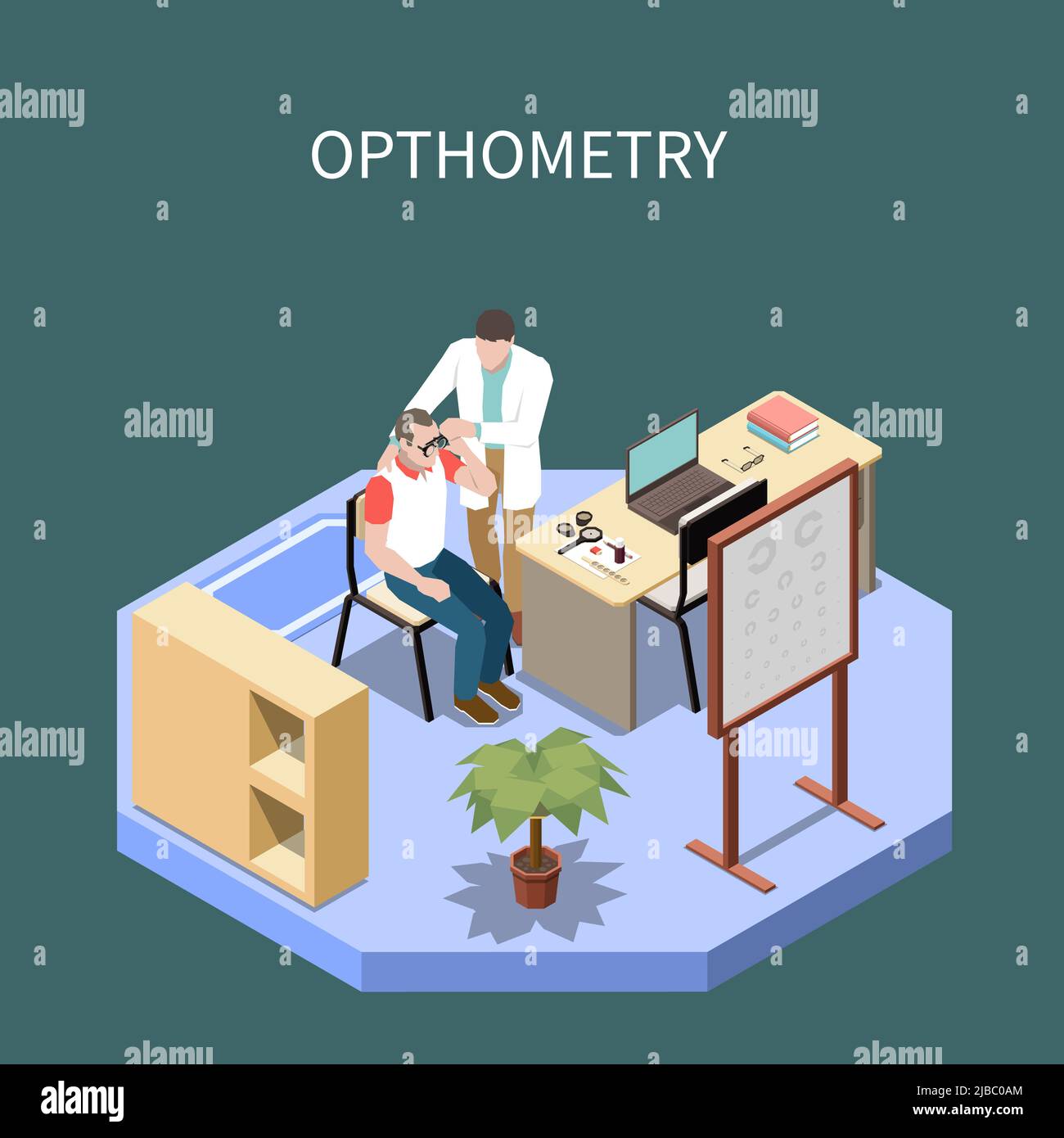 Ophthalmology isometric composition with optometrist checking eyes of male patient 3d vector illustration Stock Vector