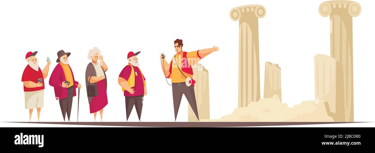Guide excursion composition with flat characters of old people and guide with ruins of ancient architectures vector illustration Stock Vector