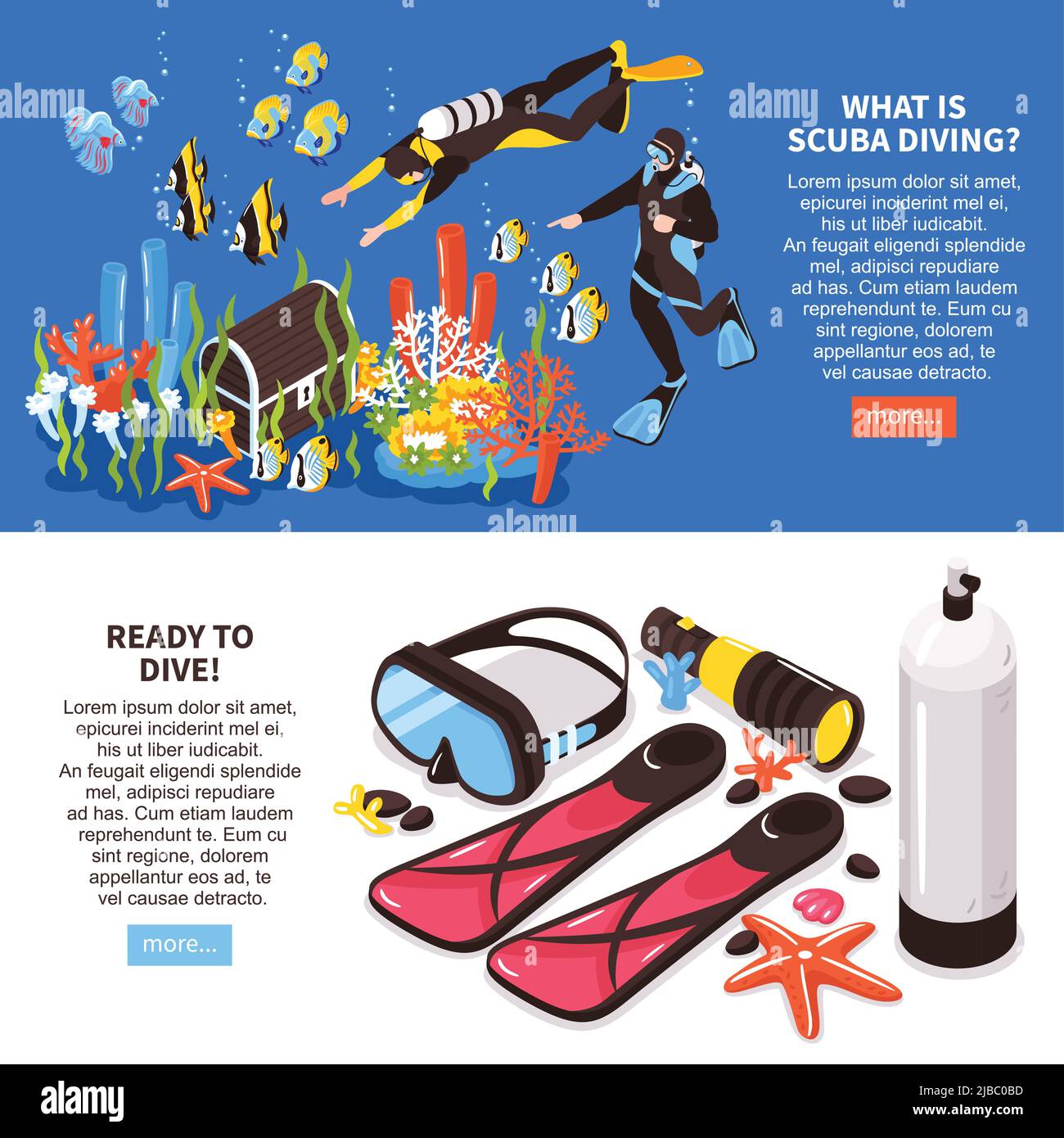 Scuba diving courses information equipment 2 isometric horizontal web banners with underwater life divers accessories vector illustration Stock Vector