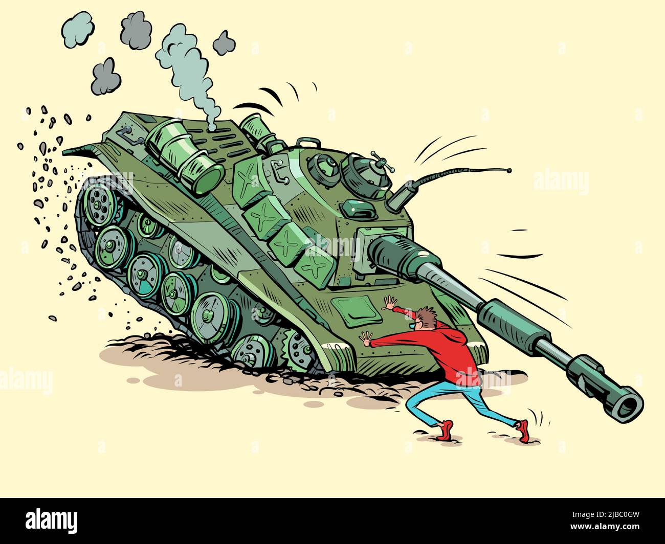 The man stops the tank. Peaceful citizens against military aggression and dictatorship. Protest Stock Vector