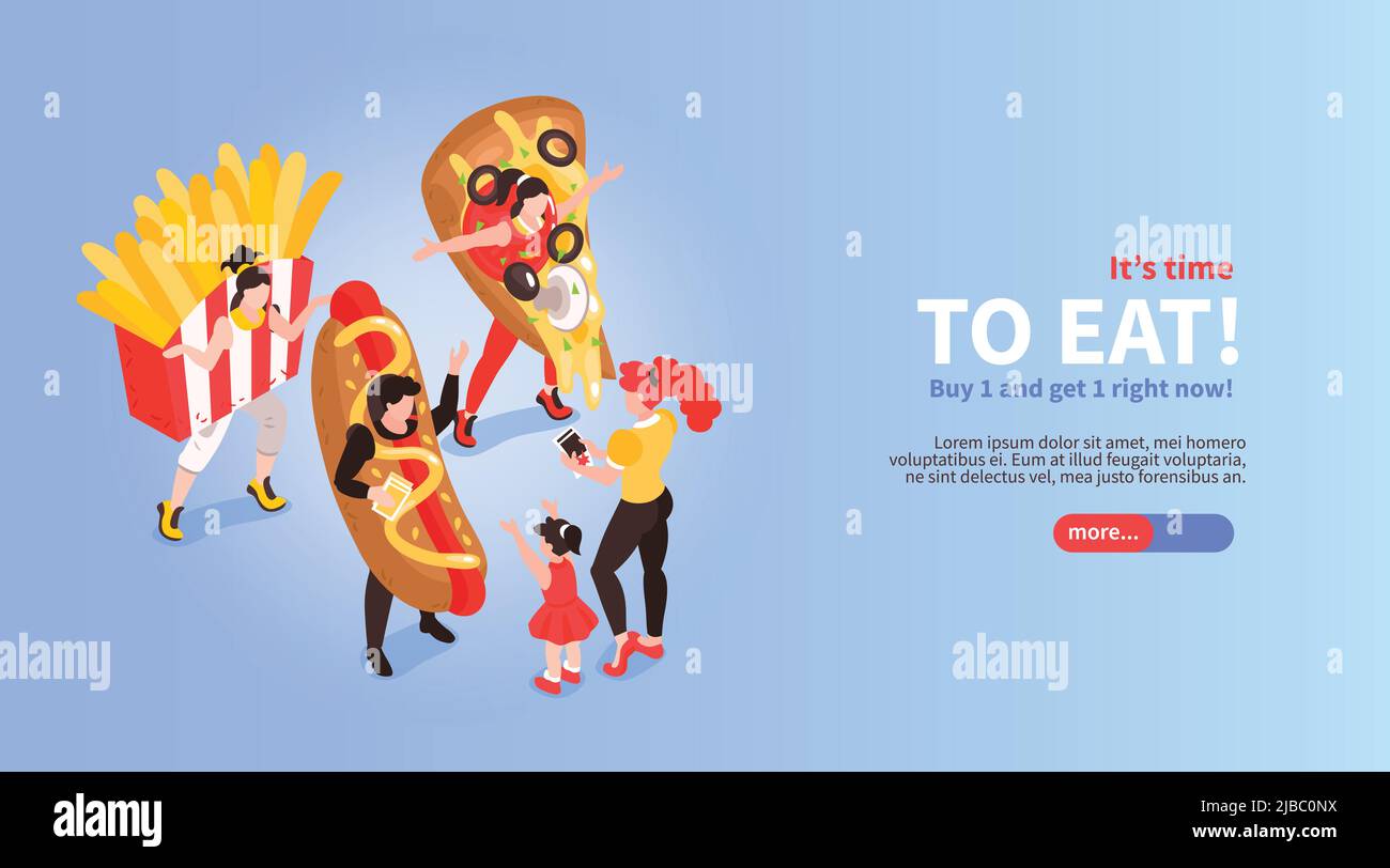 Fastfood cafe restaurant bars online order promotion isometric horizontal web banner with pizza hotdog sellers vector illustration Stock Vector