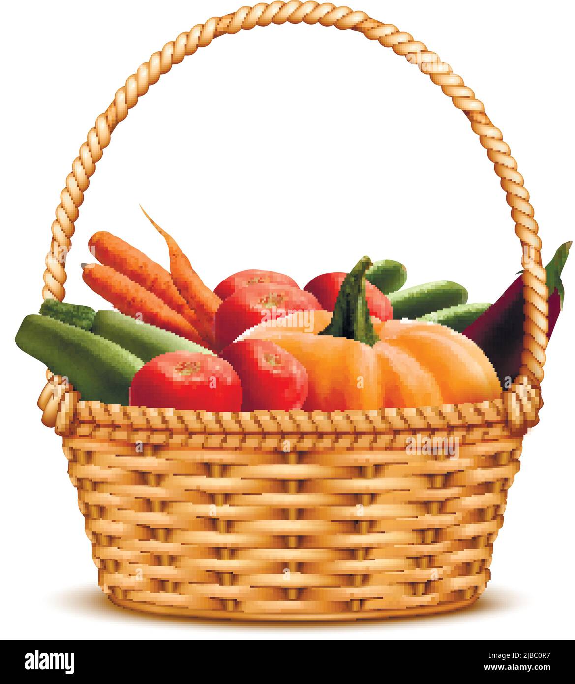 Willow wicker basket one handle full with fresh farmer market harvest vegetables closeup