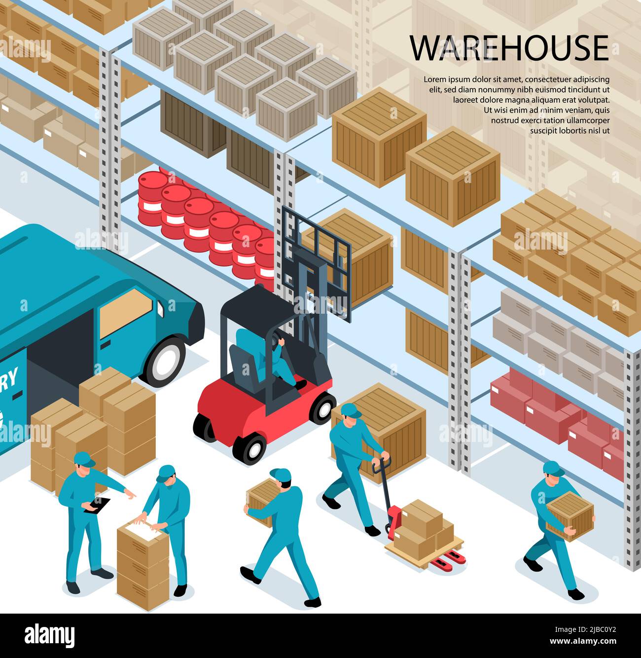 Warehouse isometric vector illustration with delivery truck and workers loading boxes by forklifts and manually Stock Vector