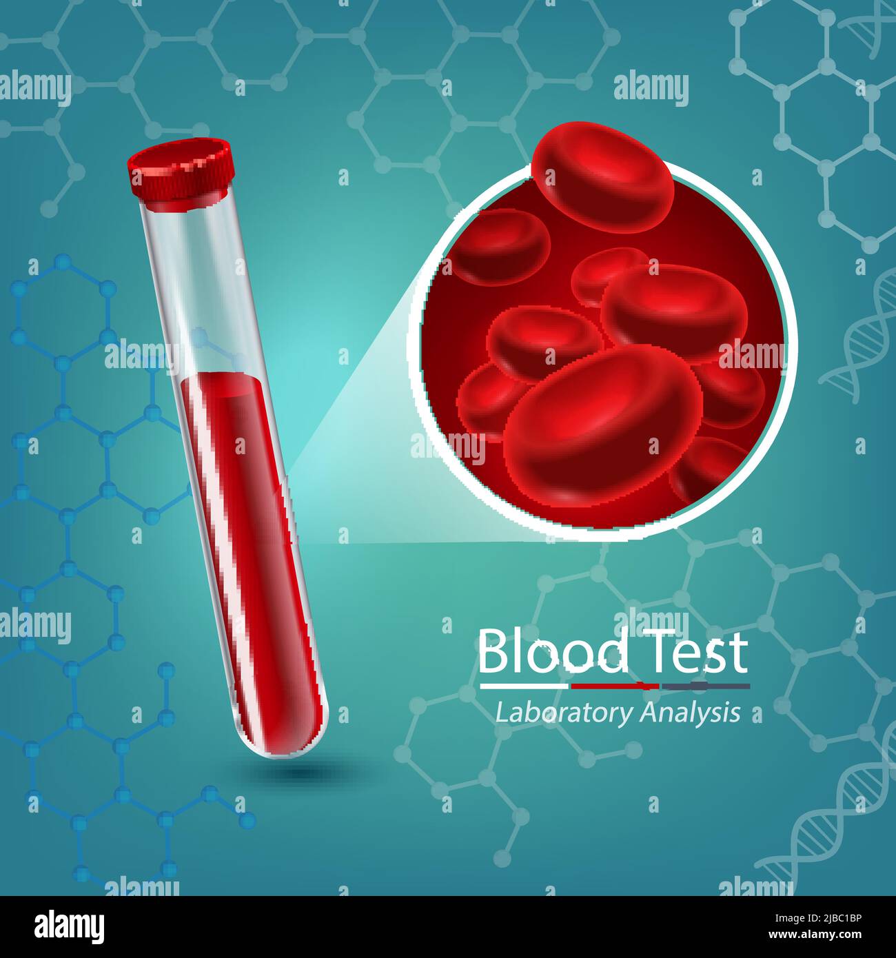 Blood test composition with medical test tube and red blood cells