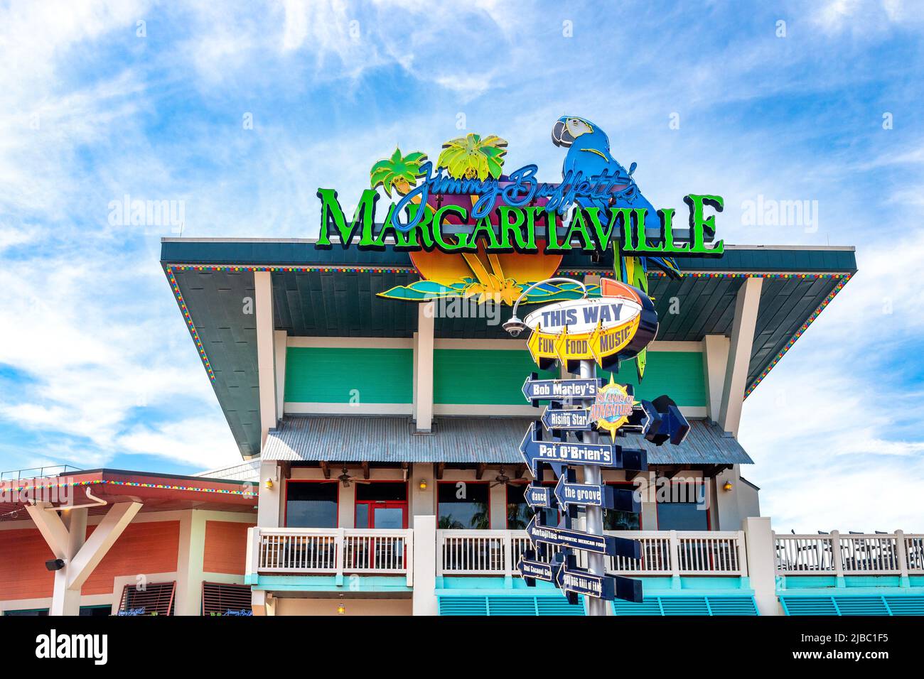 Jimmy Buffett's Margaritaville sign on top of a business building. Universal Studios Florida is a famous place and a major tourist attraction in the S Stock Photo
