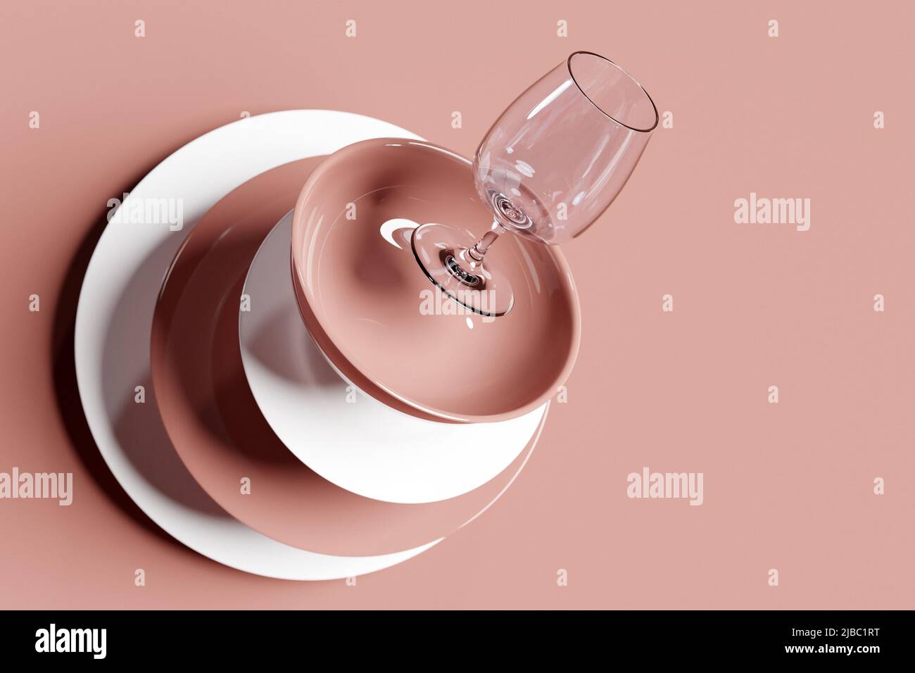 A set of clean plates, glasses, glasses scatter in different directions