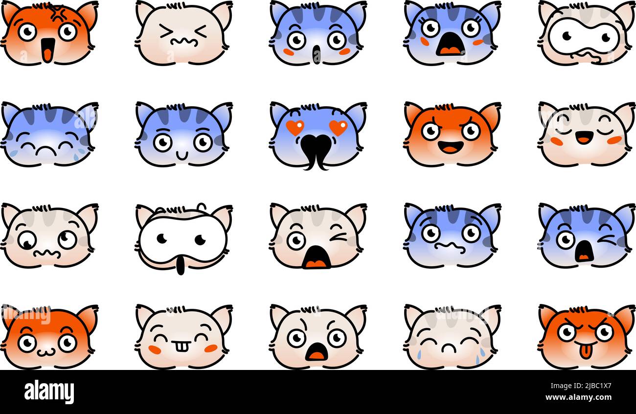 Various Cartoon Kitten Set. Doodle faces, eyes and mouth. Caricature comic expressive emotions, smiling, crying and surprised character face expressio Stock Vector