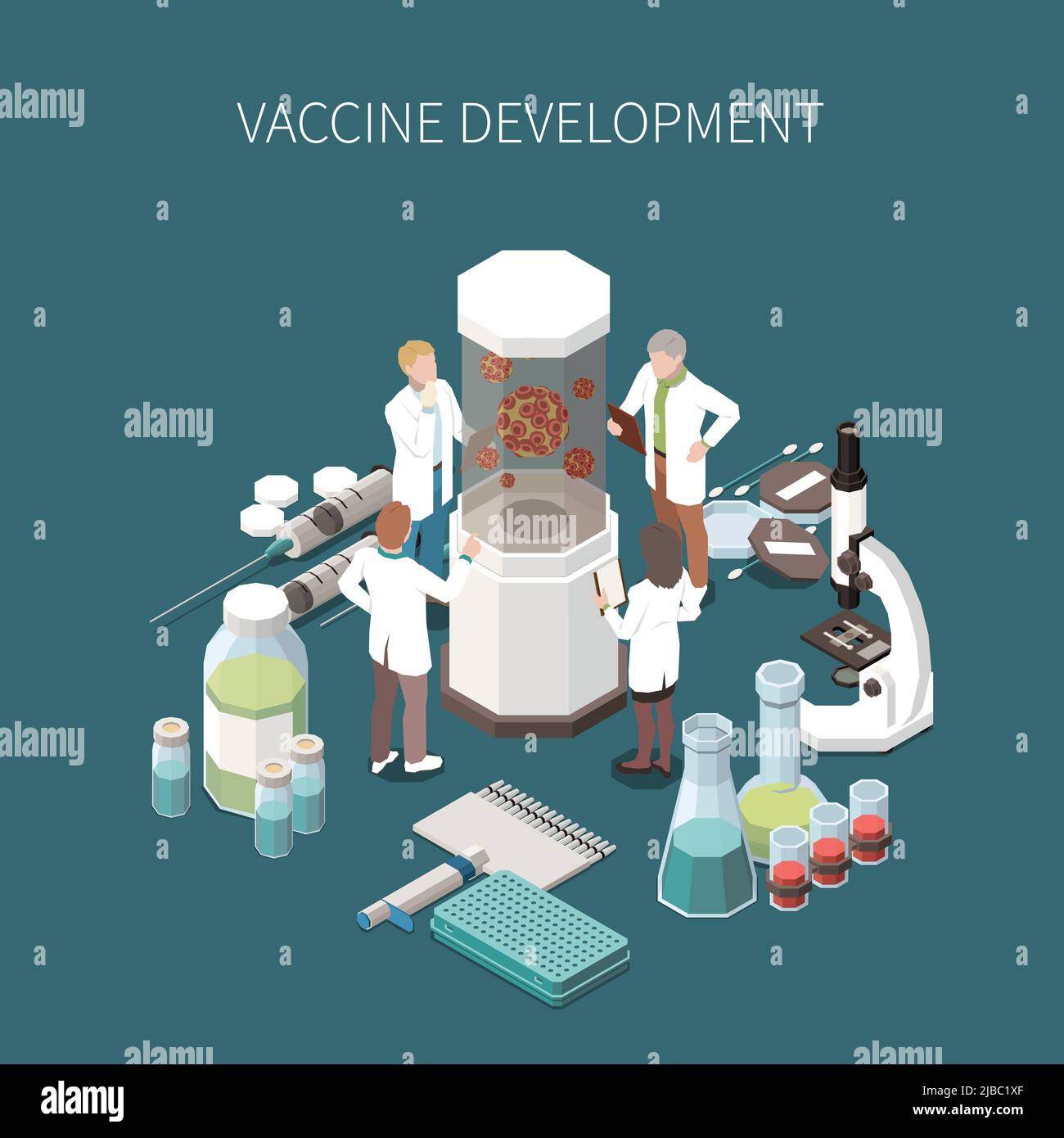 Vaccine development design concept with laboratory equipment for scientific experiments microscope ampoules with vaccine medical syringes isometric ic Stock Vector