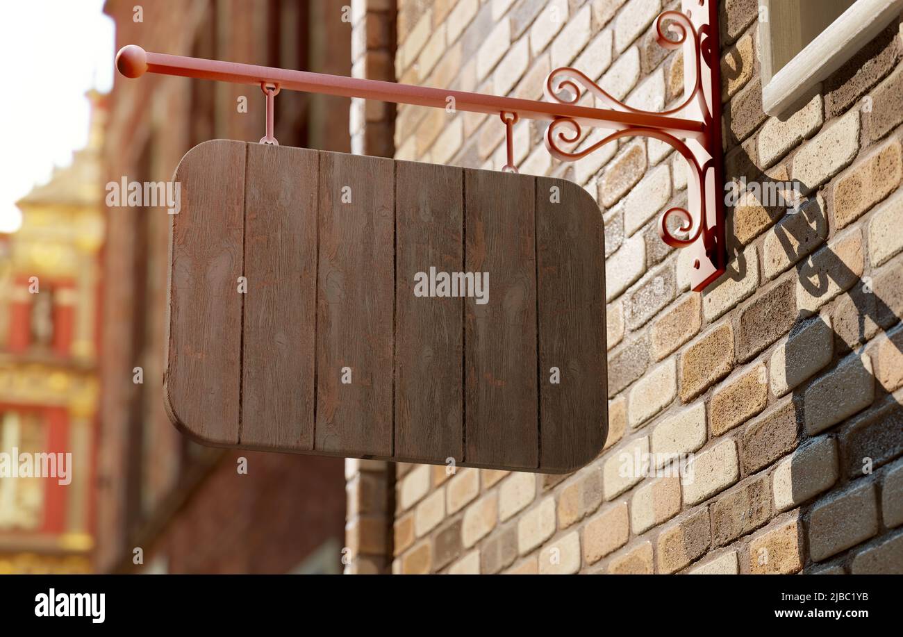 Classic wooden wall sign board mockup hung on a store facade. Blank