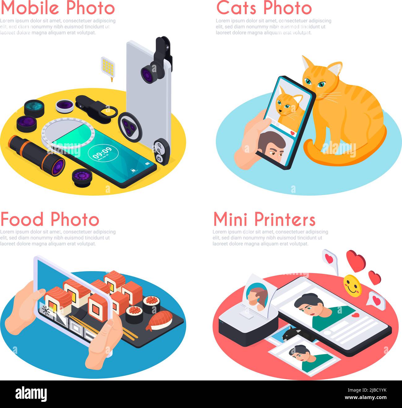 Isometric 2x2 design concept with cats and food mobile photos mini printers and various tools 3d isolated vector illustration Stock Vector