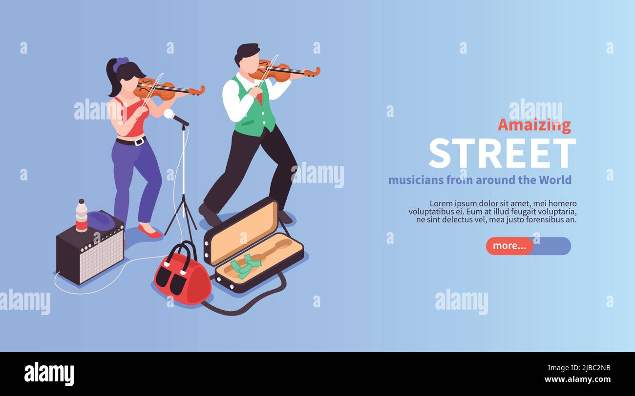 Isometric street musician horizontal banner composition with faceless doodle characters of violin players text and button vector illustration Stock Vector