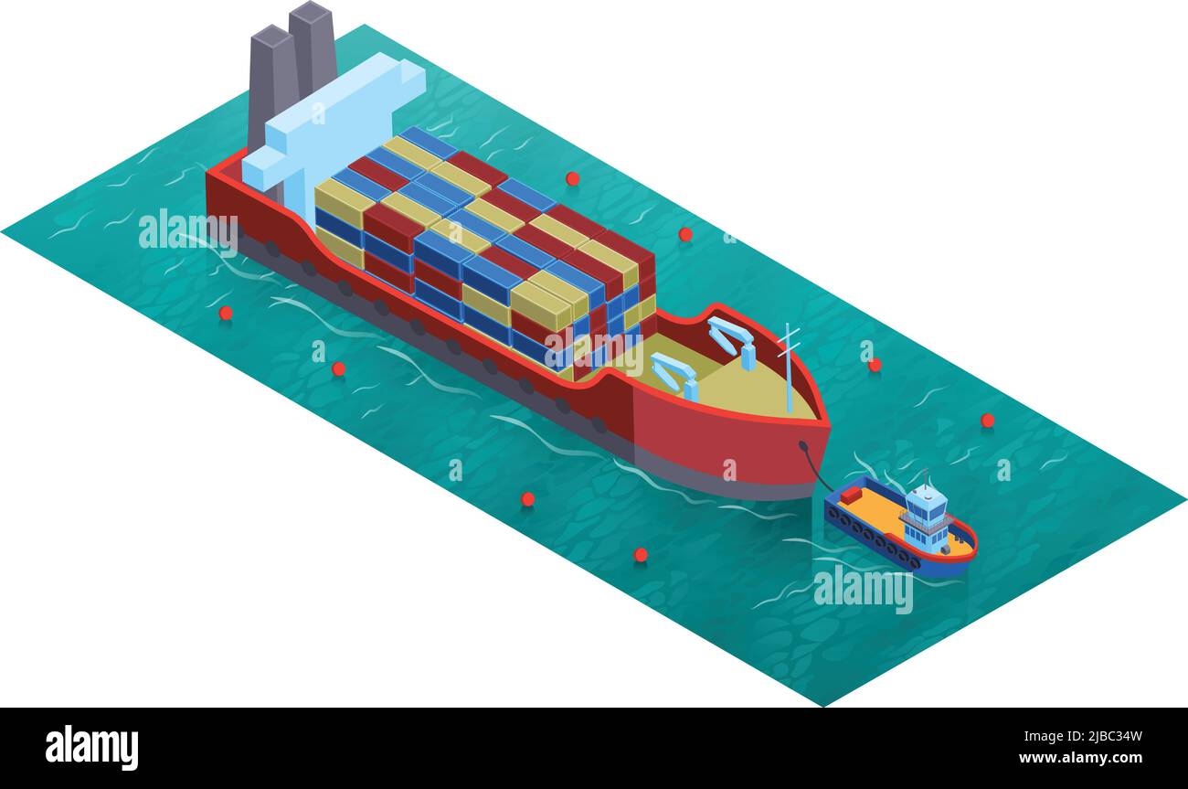 Isometric water transport composition with square platform water surface trawler boat and barge loaded with cargo vector illustration Stock Vector