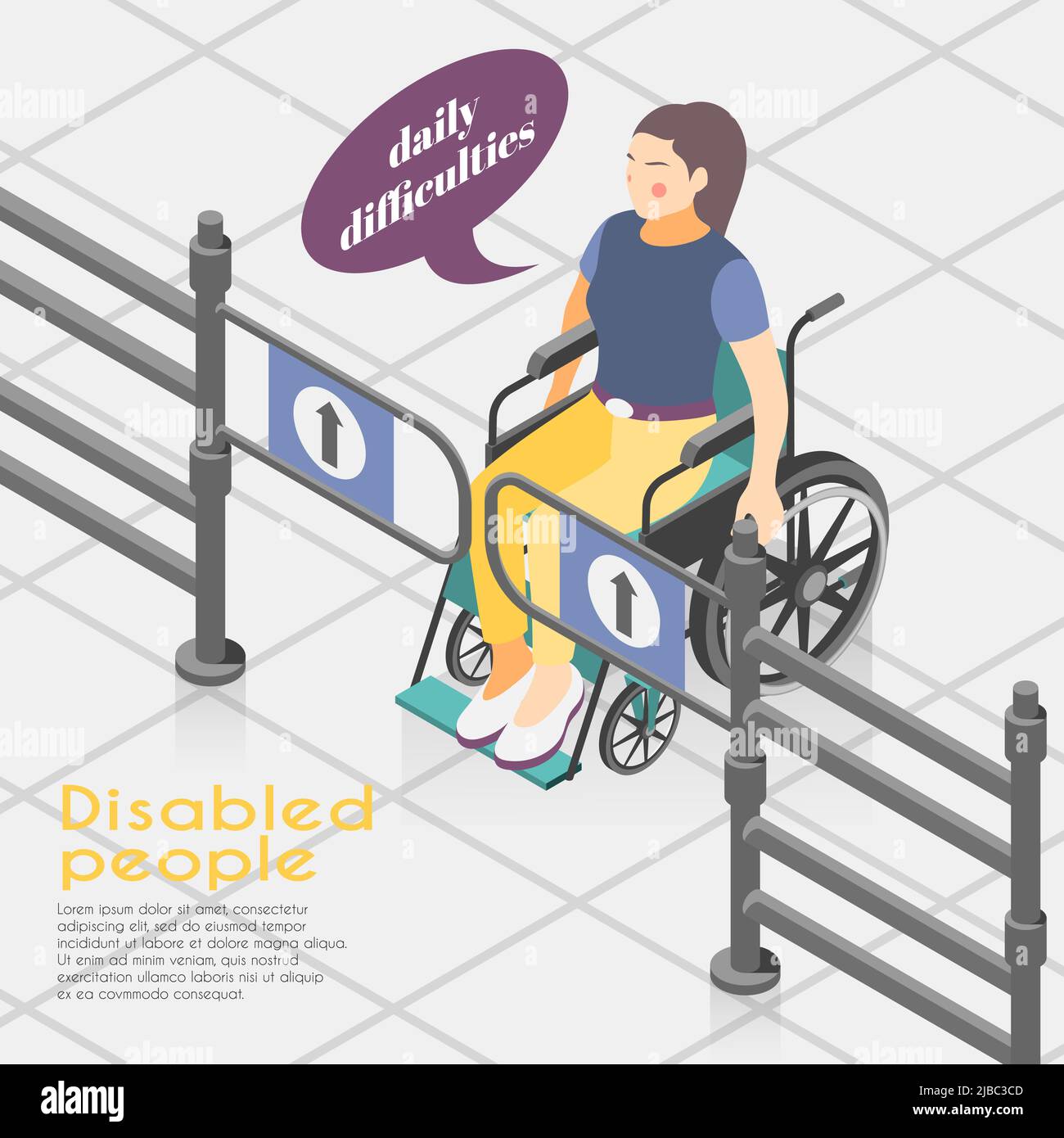 Disabled people difficulties isometric background composition with
