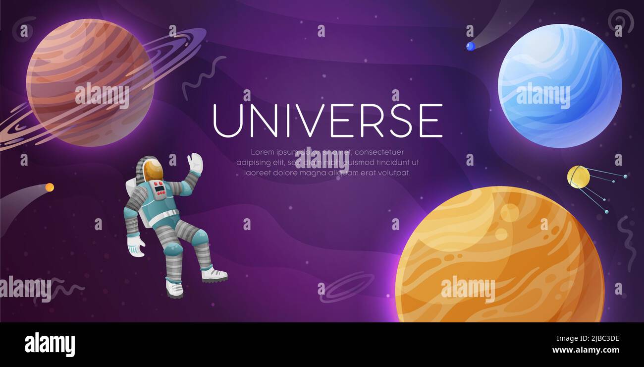 Universe colorful background horizontal banner poster with astronaut in open space celestial bodies artificial earth satellite vector illustration Stock Vector