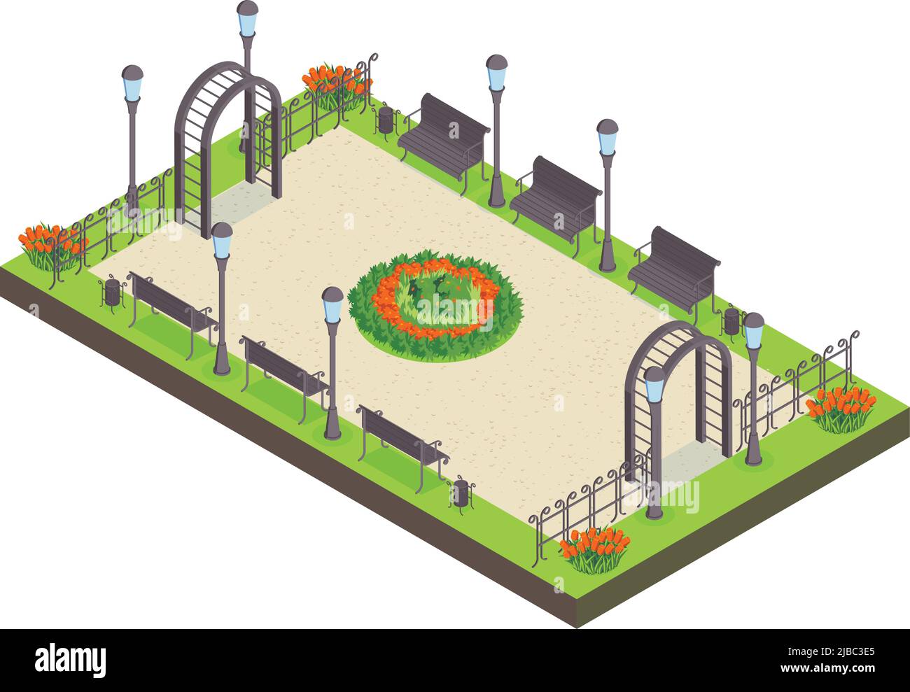 Isometric city park composition with view of public garden with benches ...