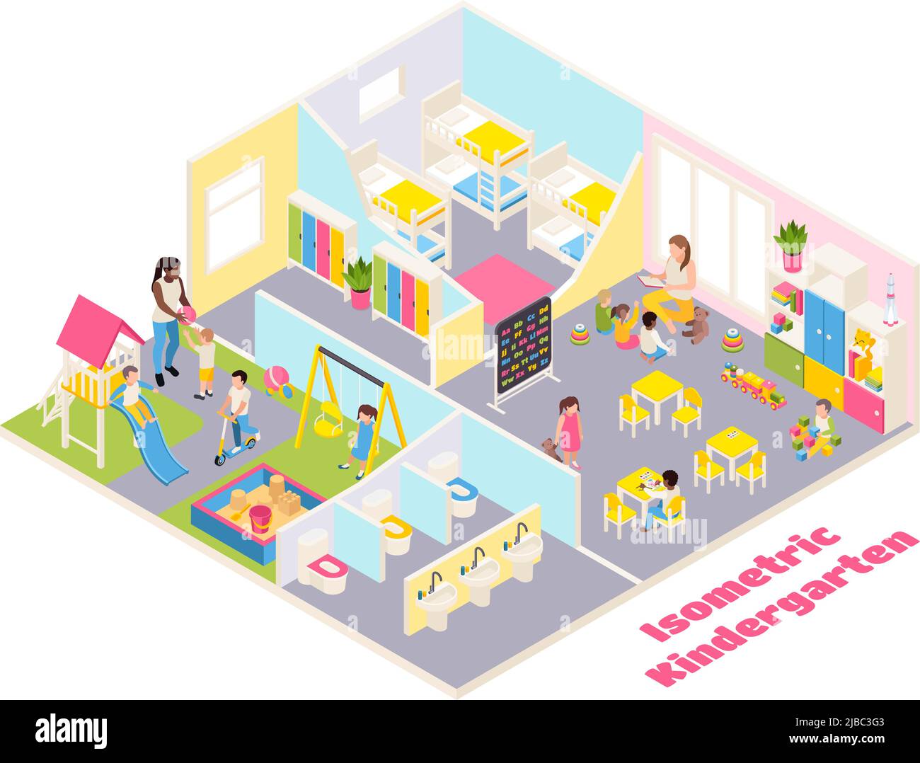 Kindergarten isometric composition with text and indoor view of ...