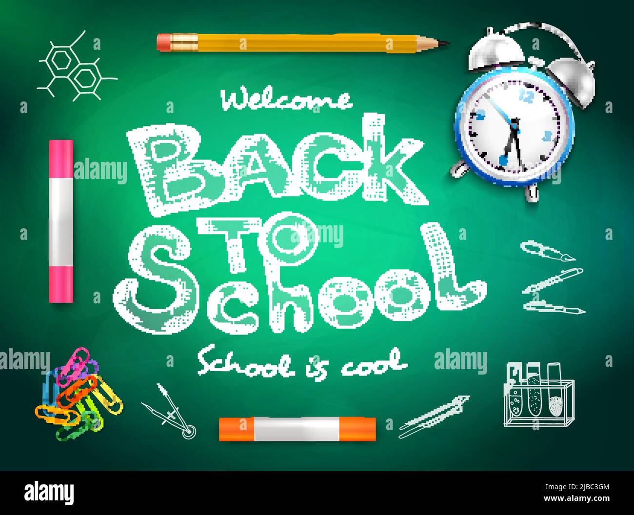 Back to school text crayons pencil paperclips alarm clock on green ...