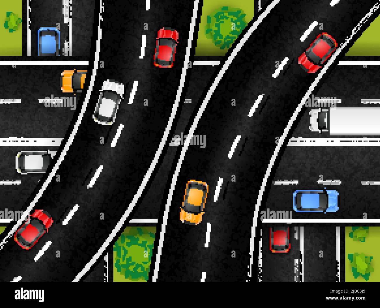 Road junction top view composition with outdoor scenery and motorway drive with flyovers and colourful cars vector illustration Stock Vector
