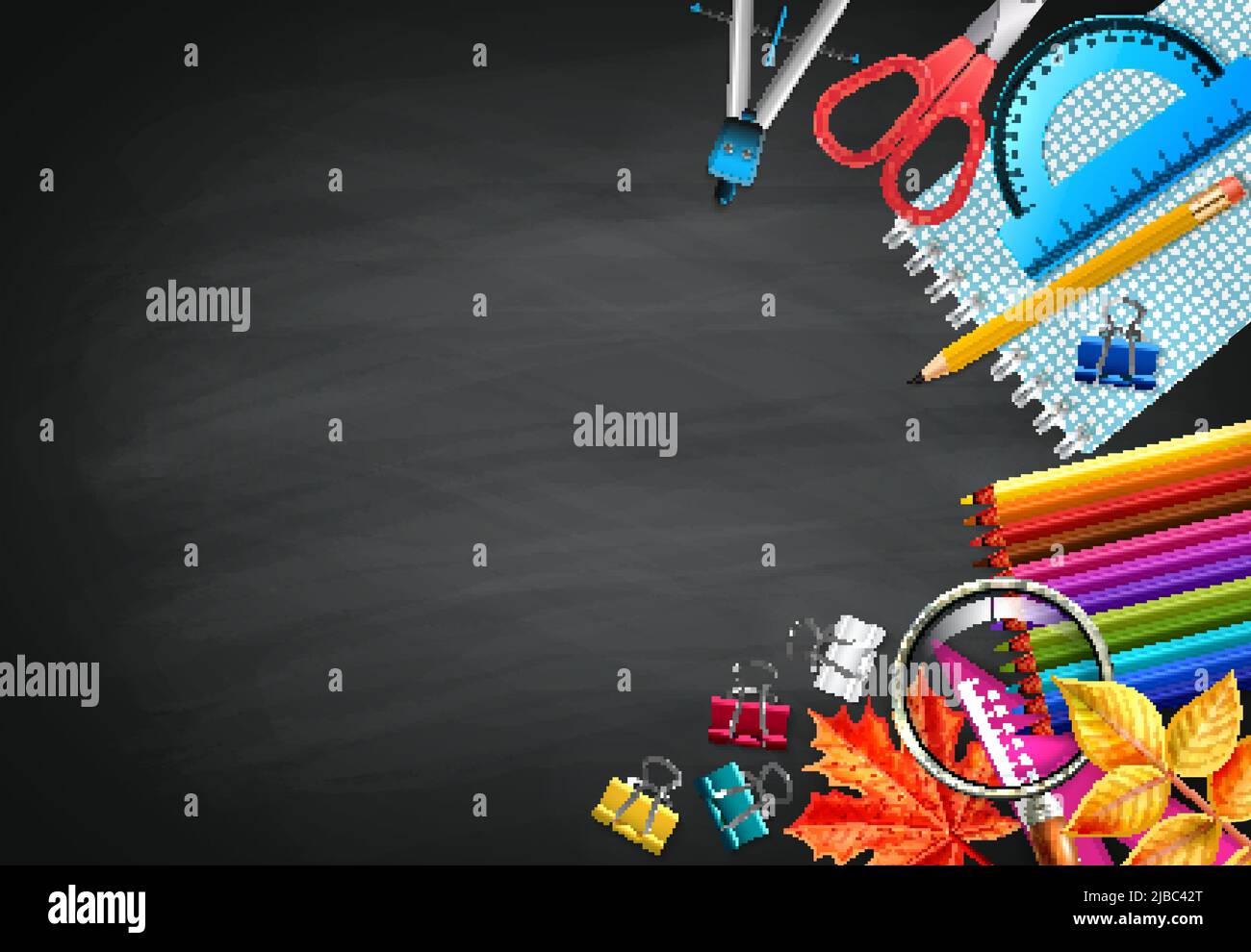 Back to school black chalk board background with stationery autumn ...