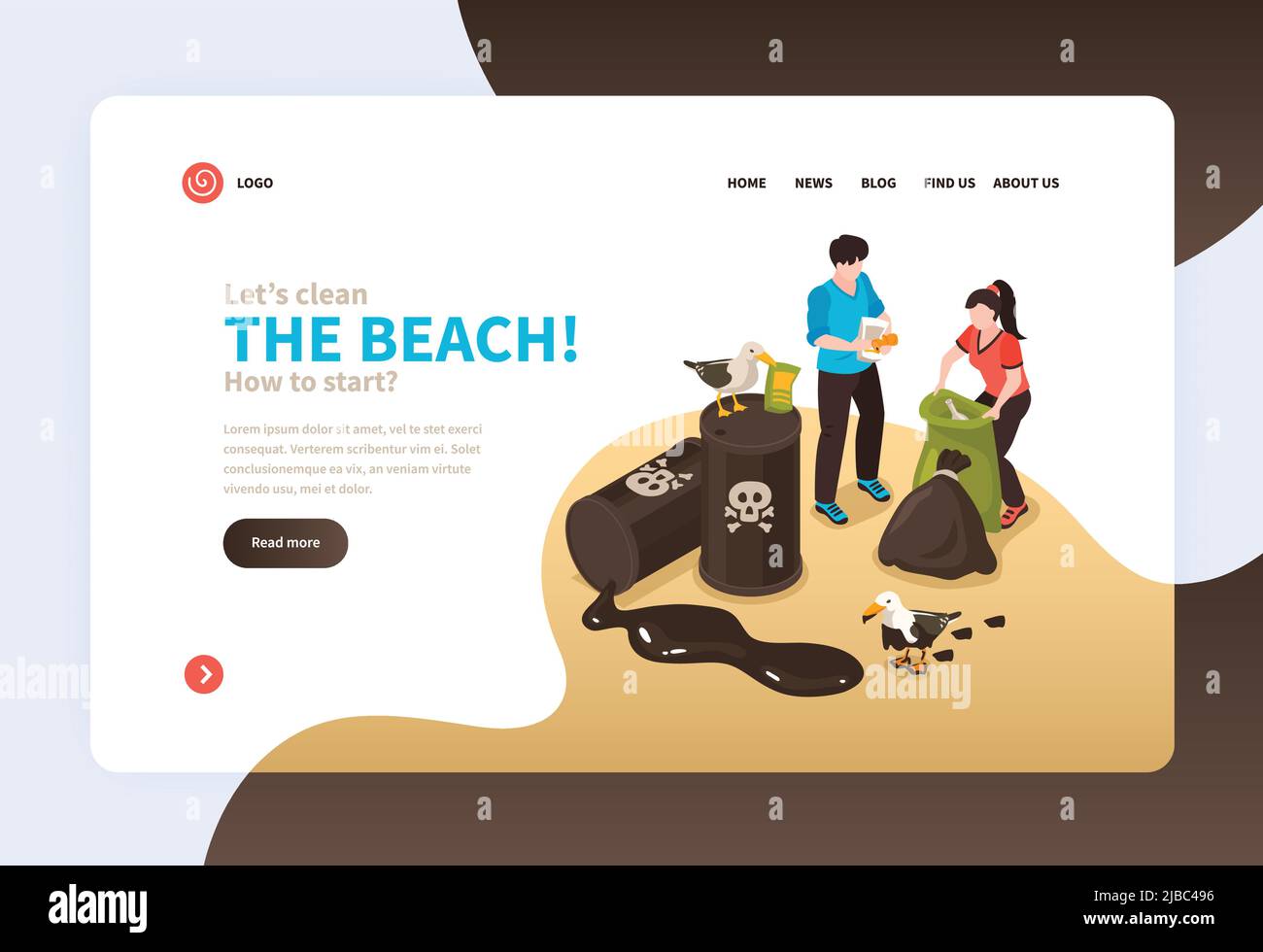 Water pollution landing page template with volunteers collecting trash into bags on beach isometric vector illustration Stock Vector