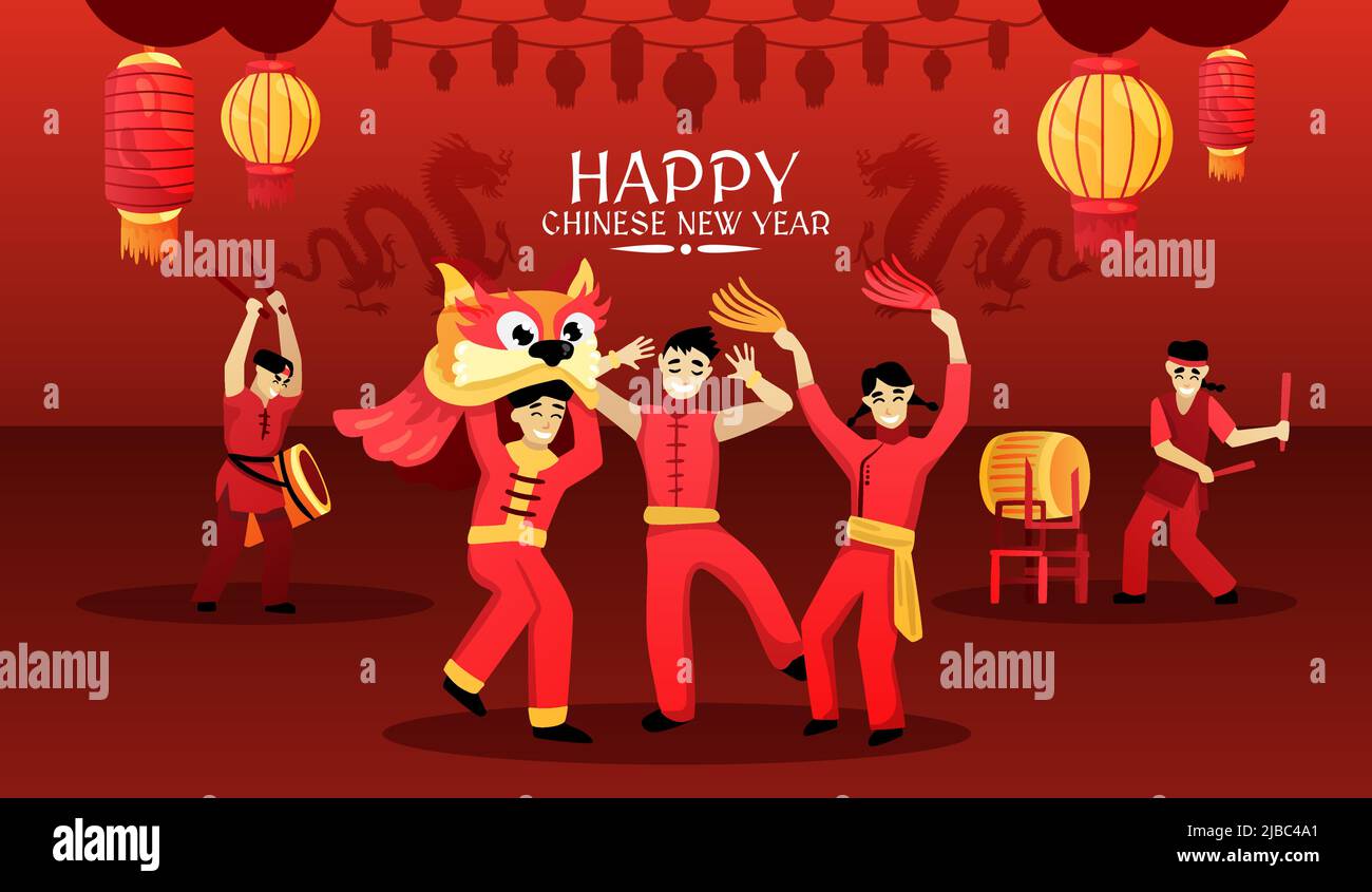 Chinese happy new year card poster with traditional festive celebration red lanterns lion dance performance vector illustration Stock Vector